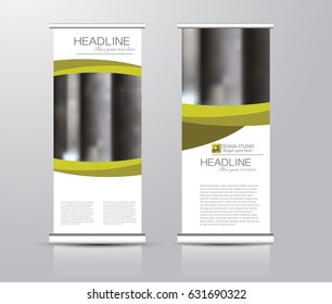 Roll up vertical banner template. Stand panel design. Business corporate concept brochure or flyer. Vector illustration. Green color