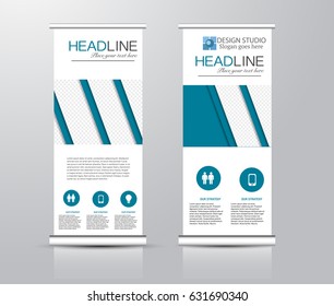 Roll up vertical banner template. Stand panel design. Business corporate concept brochure or flyer. Vector illustration. Blue color