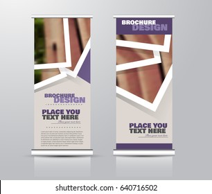 Roll up vertical banner template. Stand panel design. Business corporate concept brochure or flyer. Vector illustration. Purple color.