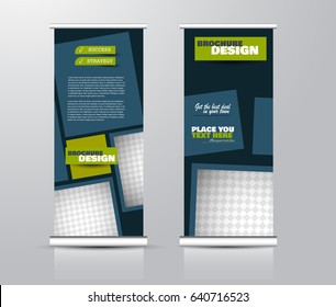Roll up vertical banner template. Stand panel design. Business corporate concept brochure or flyer. Vector illustration. Blue and green color.