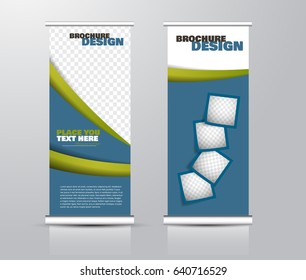 Roll up vertical banner template. Stand panel design. Business corporate concept brochure or flyer. Vector illustration. Blue and green color.