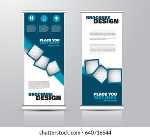 Roll up vertical banner template. Stand panel design. Business corporate concept brochure or flyer. Vector illustration. Blue color.