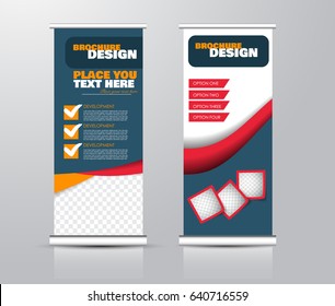 Roll up vertical banner template. Stand panel design. Business corporate concept brochure or flyer. Vector illustration. Red, blue, and orange color.