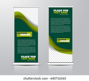 Roll up vertical banner template. Stand panel design. Business corporate concept brochure or flyer. Vector illustration. Green color.