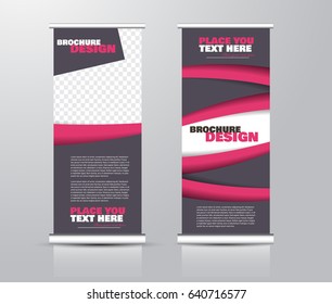 Roll up vertical banner template. Stand panel design. Business corporate concept brochure or flyer. Vector illustration. Pink and purple color.