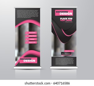 Roll up vertical banner template. Stand panel design. Business corporate concept brochure or flyer. Vector illustration. Pink and black color.