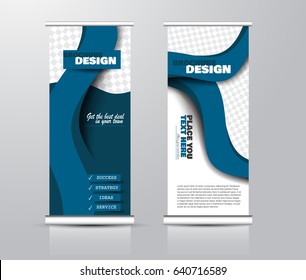 Roll up vertical banner template. Stand panel design. Business corporate concept brochure or flyer. Vector illustration. Blue color.