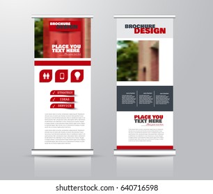 Roll up vertical banner template. Stand panel design. Business corporate concept brochure or flyer. Vector illustration. Red color.