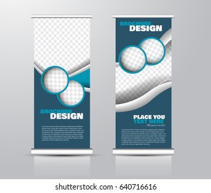 Roll up vertical banner template. Stand panel design. Business corporate concept brochure or flyer. Vector illustration. Blue color.