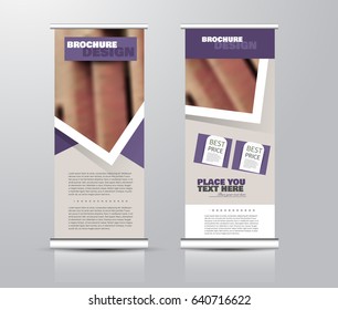 Roll up vertical banner template. Stand panel design. Business corporate concept brochure or flyer. Vector illustration. Purple color.