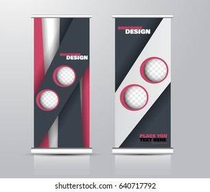Roll up vertical banner template. Stand panel design. Business corporate concept brochure or flyer. Vector illustration. Pink and grey color.