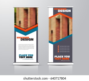 Roll up vertical banner template. Stand panel design. Business corporate concept brochure or flyer. Vector illustration. Blue and orange color.