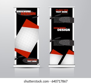 Roll up vertical banner template. Stand panel design. Business corporate concept brochure or flyer. Vector illustration. Red and black color.