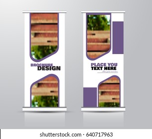 Roll up vertical banner template. Stand panel design. Business corporate concept brochure or flyer. Vector illustration. Purple color.