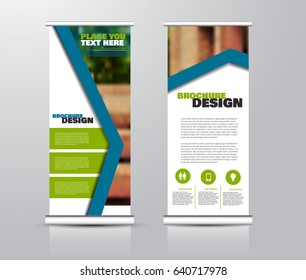 Roll up vertical banner template. Stand panel design. Business corporate concept brochure or flyer. Vector illustration. Blue and green color.