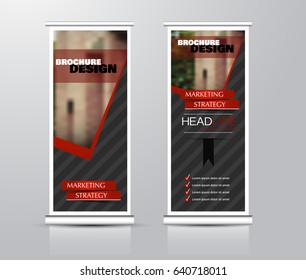 Roll up vertical banner template. Stand panel design. Business corporate concept brochure or flyer. Vector illustration. Red and black color.