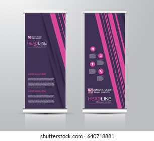 Roll up vertical banner template. Stand panel design. Business corporate concept brochure or flyer. Vector illustration. Pink and purple color.