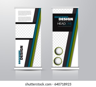 Roll up vertical banner template. Stand panel design. Business corporate concept brochure or flyer. Vector illustration. Blue and green color.