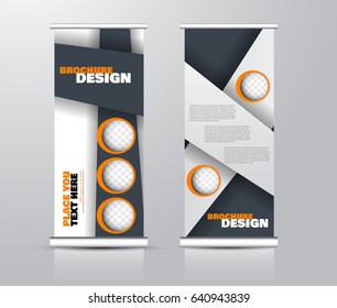Roll up vertical banner template. Stand panel design. Business corporate concept brochure or flyer. Vector illustration. Orange and grey color.