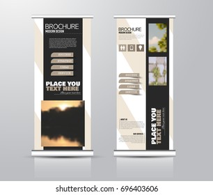 Roll up vertical banner template. Stand panel design. Business corporate concept brochure or flyer. Vector illustration. Black and brown color.