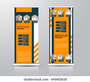 Roll up vertical banner template. Stand panel design. Business corporate concept brochure or flyer. Vector illustration. Blue and orange color.