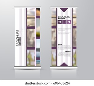 Roll up vertical banner template. Stand panel design. Business corporate concept brochure or flyer. Vector illustration. Purple color.