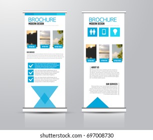 Roll up vertical banner template. Stand panel design. Business corporate concept brochure or flyer. Vector illustration. Blue color
