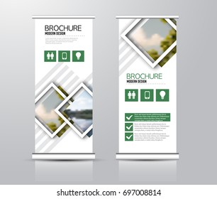 Roll up vertical banner template. Stand panel design. Business corporate concept brochure or flyer. Vector illustration. Green color