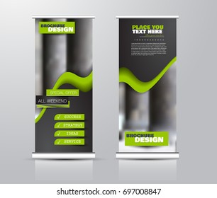 Roll up vertical banner template. Stand panel design. Business corporate concept brochure or flyer. Vector illustration. Green and black color