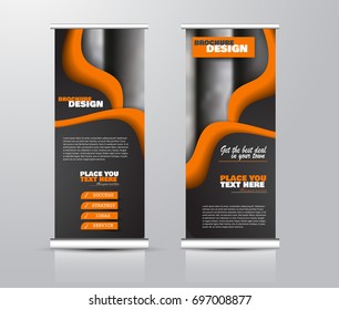 Roll up vertical banner template. Stand panel design. Business corporate concept brochure or flyer. Vector illustration. Orange and black color