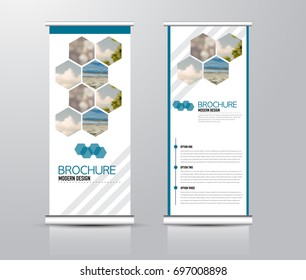Roll up vertical banner template. Stand panel design. Business corporate concept brochure or flyer. Vector illustration. Blue color