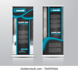 Roll up vertical banner template. Stand panel design. Business corporate concept brochure or flyer. Vector illustration. Black and blue color.