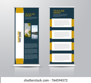 Roll up vertical banner template. Stand panel design. Business corporate concept brochure or flyer. Vector illustration. Yellow and blue color.