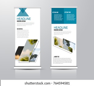 Roll up vertical banner template. Stand panel design. Business corporate concept brochure or flyer. Vector illustration. Blue color.