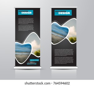 Roll up vertical banner template. Stand panel design. Business corporate concept brochure or flyer. Vector illustration. Black and blue color.