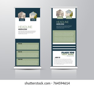 Roll up vertical banner template. Stand panel design. Business corporate concept brochure or flyer. Vector illustration. Blue and green color.