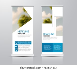 Roll up vertical banner template. Stand panel design. Business corporate concept brochure or flyer. Vector illustration. Blue color.