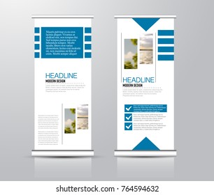 Roll up vertical banner template. Stand panel design. Business corporate concept brochure or flyer. Vector illustration. Blue color.