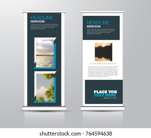 Roll up vertical banner template. Stand panel design. Business corporate concept brochure or flyer. Vector illustration. Blue color.