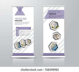 Roll up vertical banner template. Stand panel design. Business corporate concept brochure or flyer. Vector illustration. Purple color.