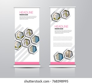 Roll up vertical banner template. Stand panel design. Business corporate concept brochure or flyer. Vector illustration. Pink color.