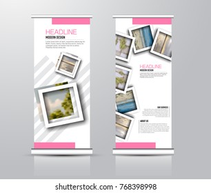 Roll up vertical banner template. Stand panel design. Business corporate concept brochure or flyer. Vector illustration. Pink color.