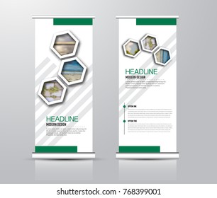 Roll up vertical banner template. Stand panel design. Business corporate concept brochure or flyer. Vector illustration. Green color.