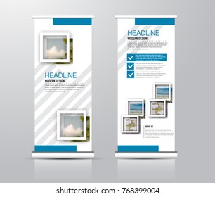 Roll up vertical banner template. Stand panel design. Business corporate concept brochure or flyer. Vector illustration. Blue color.