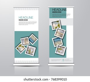 Roll up vertical banner template. Stand panel design. Business corporate concept brochure or flyer. Vector illustration. Green color.