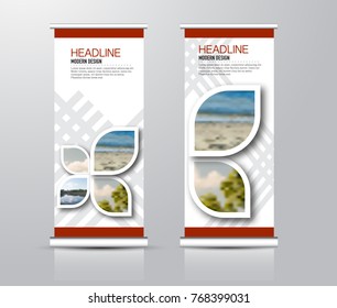Roll up vertical banner template. Stand panel design. Business corporate concept brochure or flyer. Vector illustration. Red color.