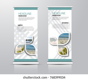Roll up vertical banner template. Stand panel design. Business corporate concept brochure or flyer. Vector illustration. Green color.