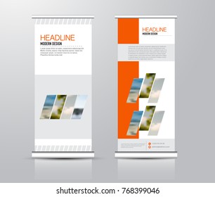 Roll up vertical banner template. Stand panel design. Business corporate concept brochure or flyer. Vector illustration. Orange color.