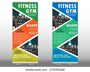 Roll up vertical banner template Standard size for printing.  Flyer, brochure, modern. Roll up banner for gym. Vector illustration.