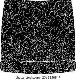 A roll of wallpaper or fabric with a floral pattern. Graphics, linocut, texture. Vector black element for design.